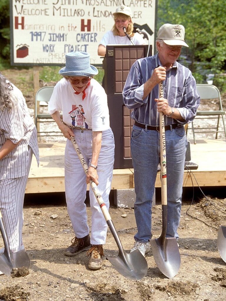 Former president Jimmy Carter and First Lady Rosalynn Carter working at a Habitat for Humanity Build